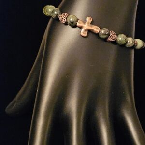 Handbeaded Moss Agate Gemstone Bracelet with Copper Cross